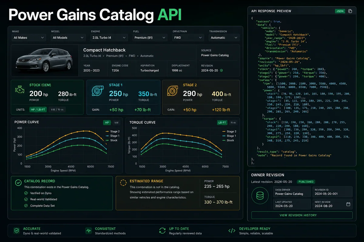 Power Gains Catalog API — product workflow visual