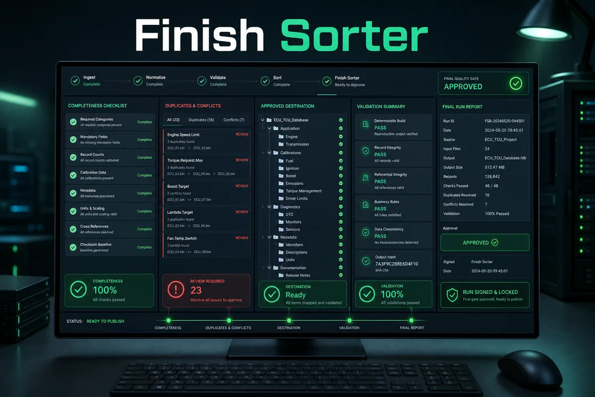 TuningSuite Finish Sorter — product workflow visual